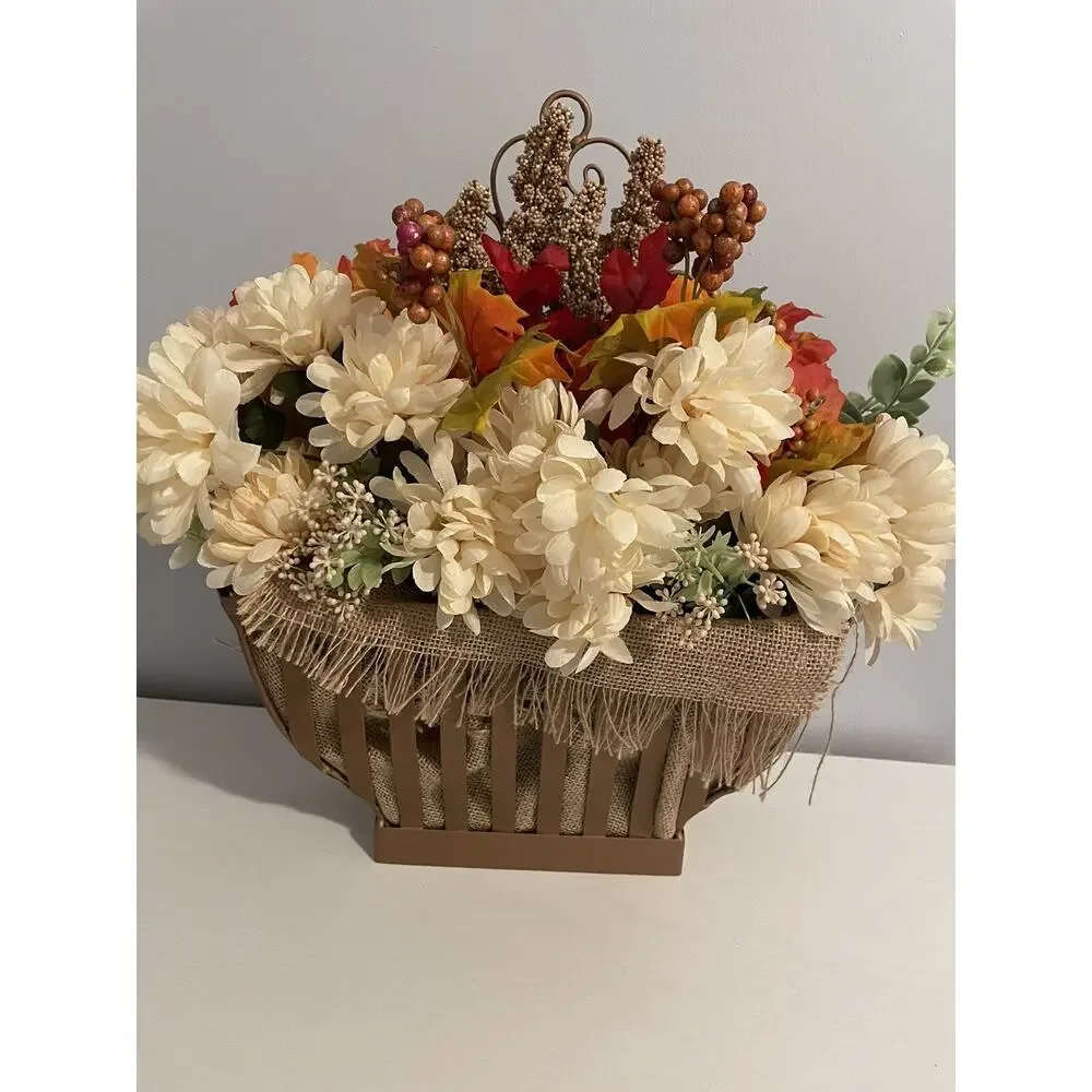 Fall Flower Arrangement In Large Upcycled Metal Hanging Basket Copper Painted